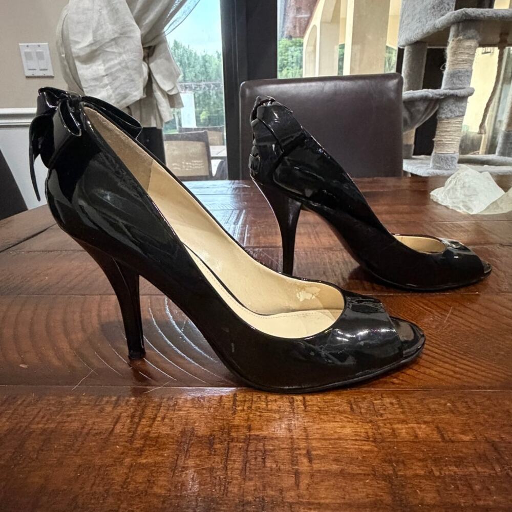 Enzo Angiolini Black Patent Peep Toe Corset Heels